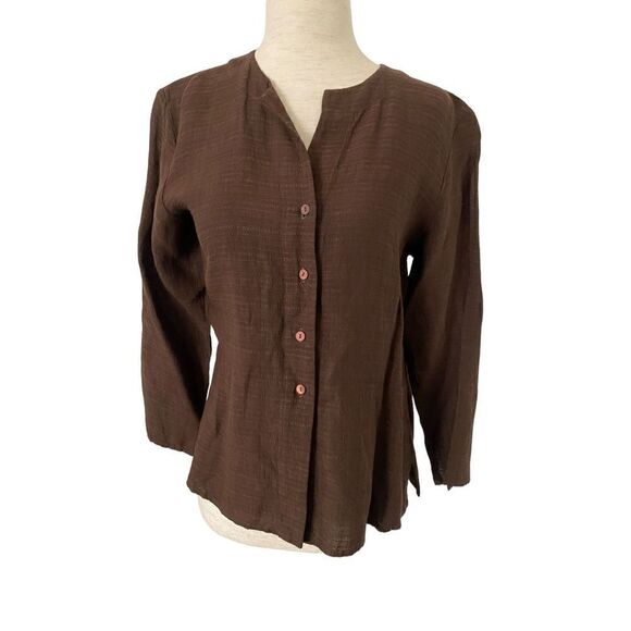 Eileen Fisher Viscose/Linen Button Up Top Blouse Brown PP Textured Long Sleeve - Picture 1 of 13